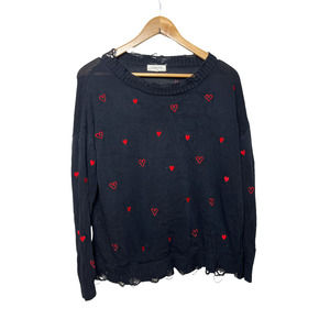 Sweet Lovely Black Red Distressed Heart Stitched Sweater Shirt Size 1XL